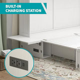 BALUS Murphy Bed Cabinet,Queen Murphy Bed with Tri-fold Mattress & USB Charging Station,Modern Wall Chest Beds with Folding Night Stand Trays and Storage Drawers for Bedroom Living Room,Grey-Blue